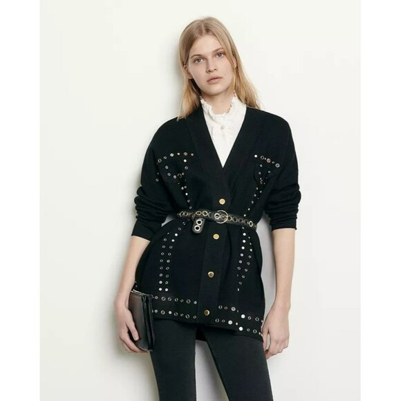 Sandro Paris Bamo Studded Sweater Black Gold Mirrored Embellished Oversized - Picture 14 of 15